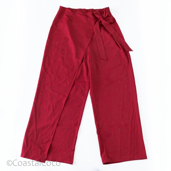 Halara Wrap Pants M Red High Waist Tie Side Wide Leg Office Work Career Holiday - Picture 2 of 9